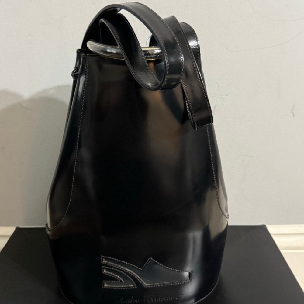 Ferragamo black vintage patent leather backpack/bag with pouch